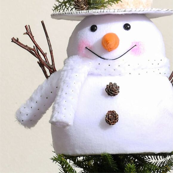 White Fabric Fluffy Snowman Christmas Tree Topper 11.75" w Scarf Top Hat Frosty - Picture 5 of 5